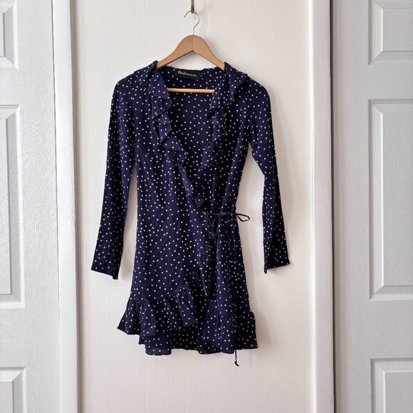 Realisation Par Alexandra Ruffled Silk Wrap Mini Dress Navy Star Print - Picture 4 of 9
